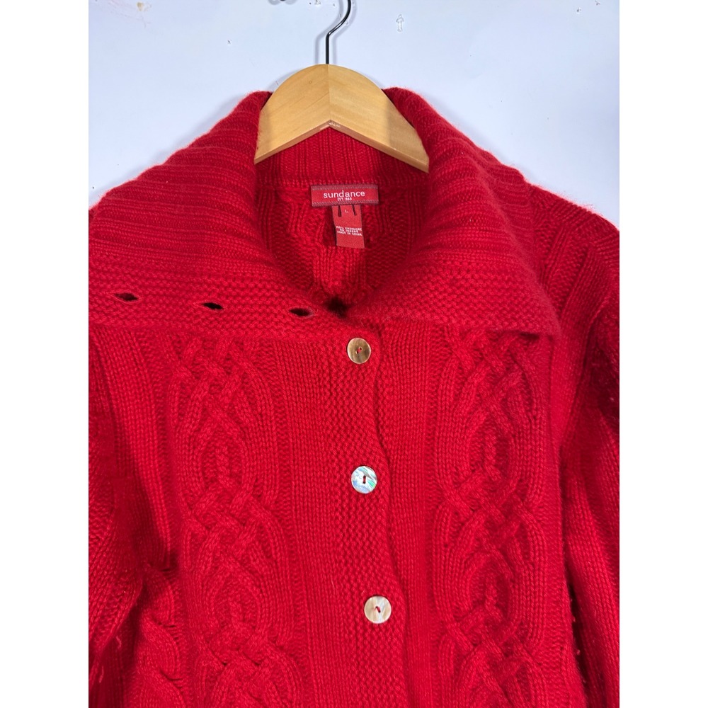 Sundance Red 100% Cashmere Cable Knit Cardigan Sweater Mother of Pearl Buttons L